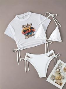 Women's Letter & Tree Print Drawstring Ruched Bikini Set, Casual Round Neck Cover Up Tee & Triangle Swim Bra & Tie Side Swim Panty, Swimsuit Style Bathing Suits, Beach Bikinis Sets, Bikini Top Trunks Combo, Bikini Bottoms, Swimsuit Summer, Bikinisets