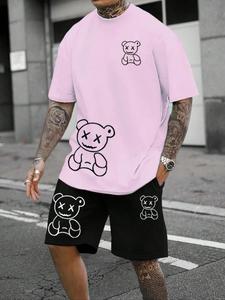 Men's Regular Fit Bear Print Short Sleeve Tee & Drawstring Pocket Shorts Set, Casual Round Neck T-shirt & Elastic Waist Track Shorts, Fashion Men's Two-piece Outfits for Summer, Men's 2 Piece Set