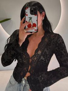 Women's Floral Pattern Sheer Mesh Crop Top, Casual Scallop Trim Flounce Sleeve V Neck Top, Ladies Clothes for Party Club, Casual Classy Fashion, Womenswear