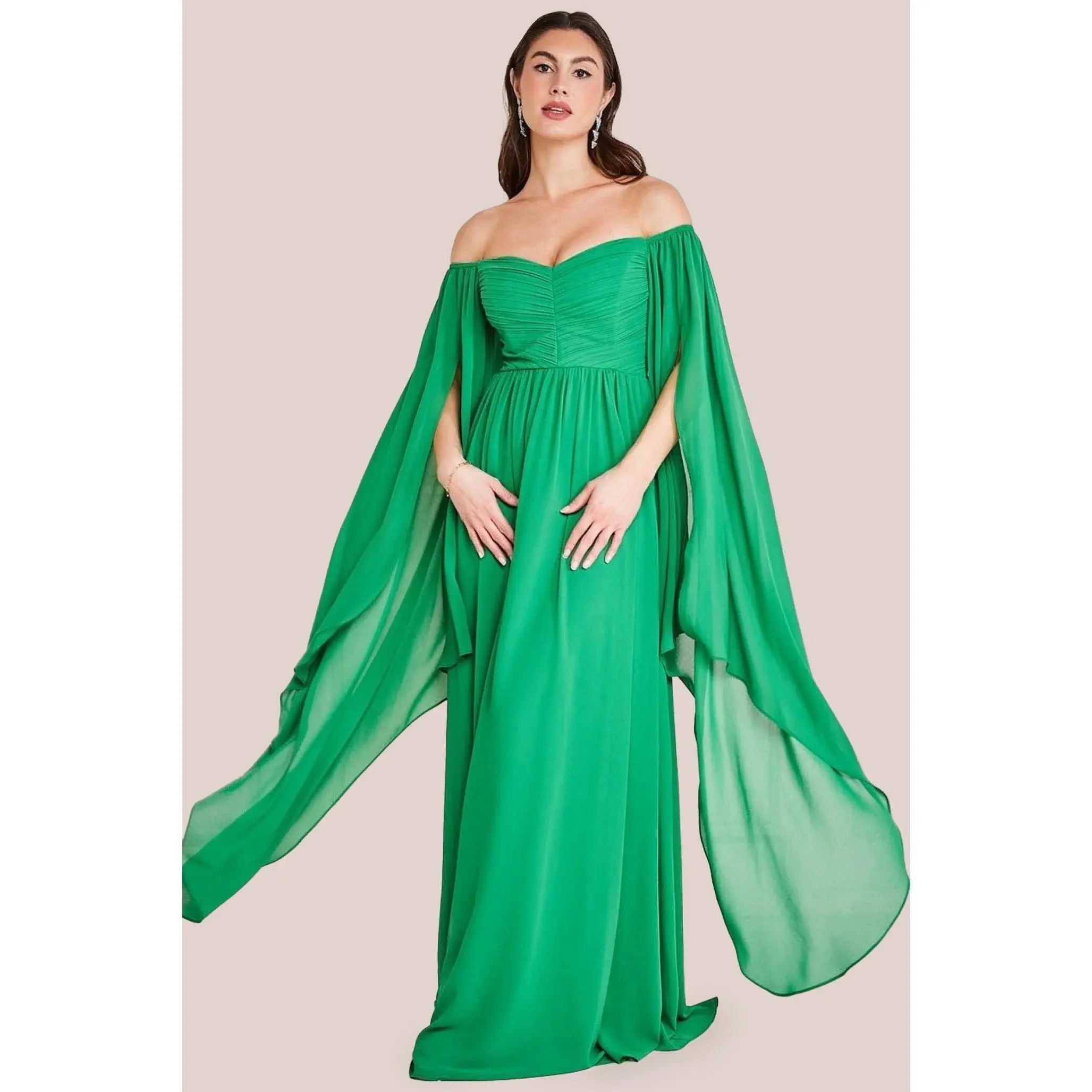 Chiffon Off The Shoulder Maxi With Cape Sleeves - Green by Goddiva