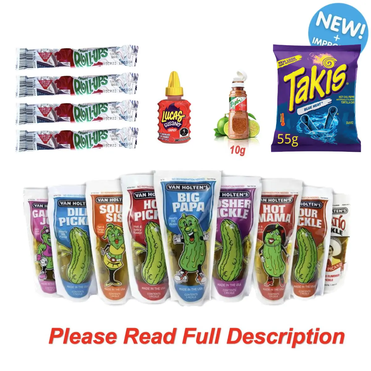 Takis Pickles Kit | 1x Bag of Takis 55g, 2x Pickles, 4x Fruit Roll-Ups, 1x Chamoy, 1x Mini Tajin | Instant Food Snack | Kimchi Marinated & Pickled Flavors Snack for Gifting & Snacking