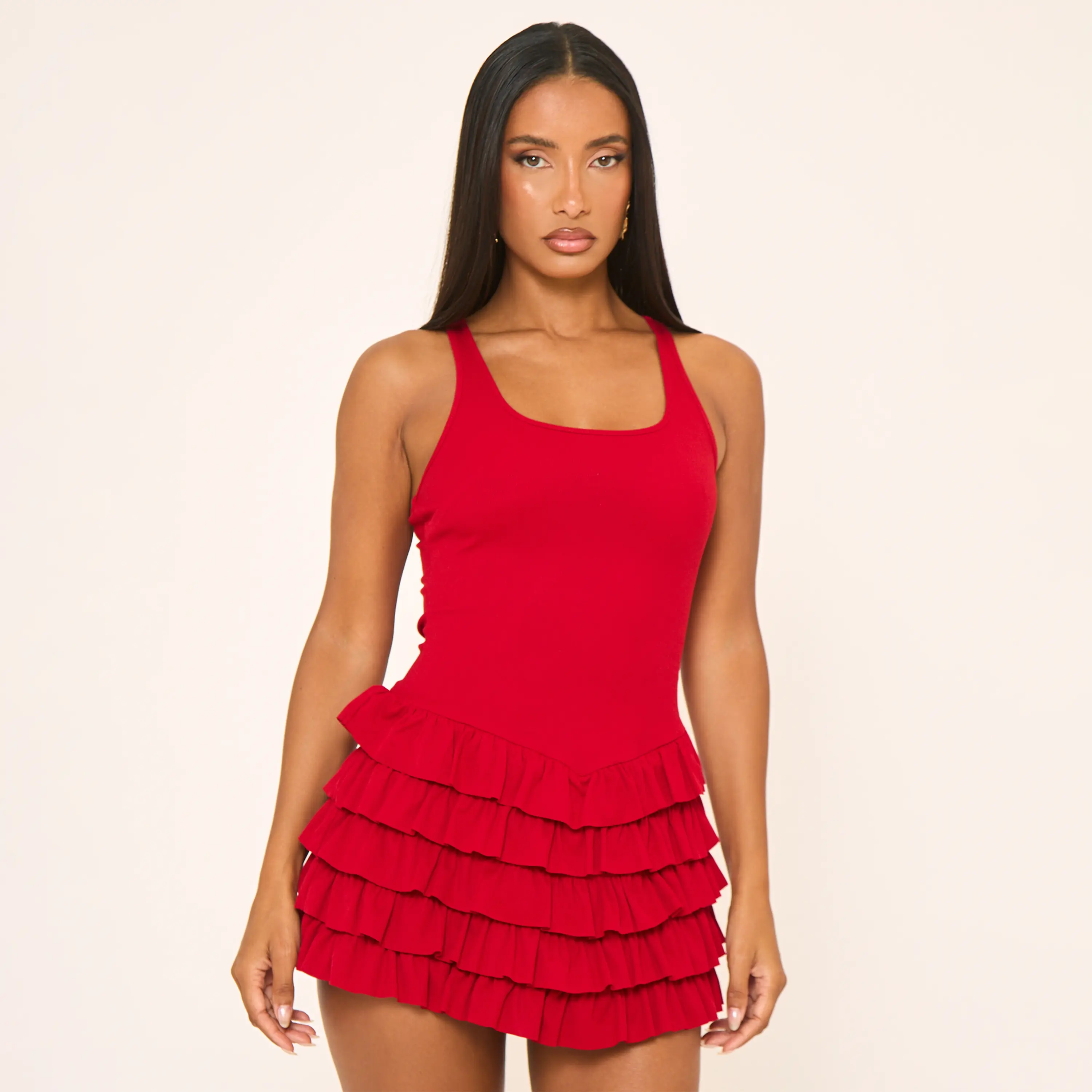 Scoop Neck Layered Frill Detail Rara Mini Dress In Red