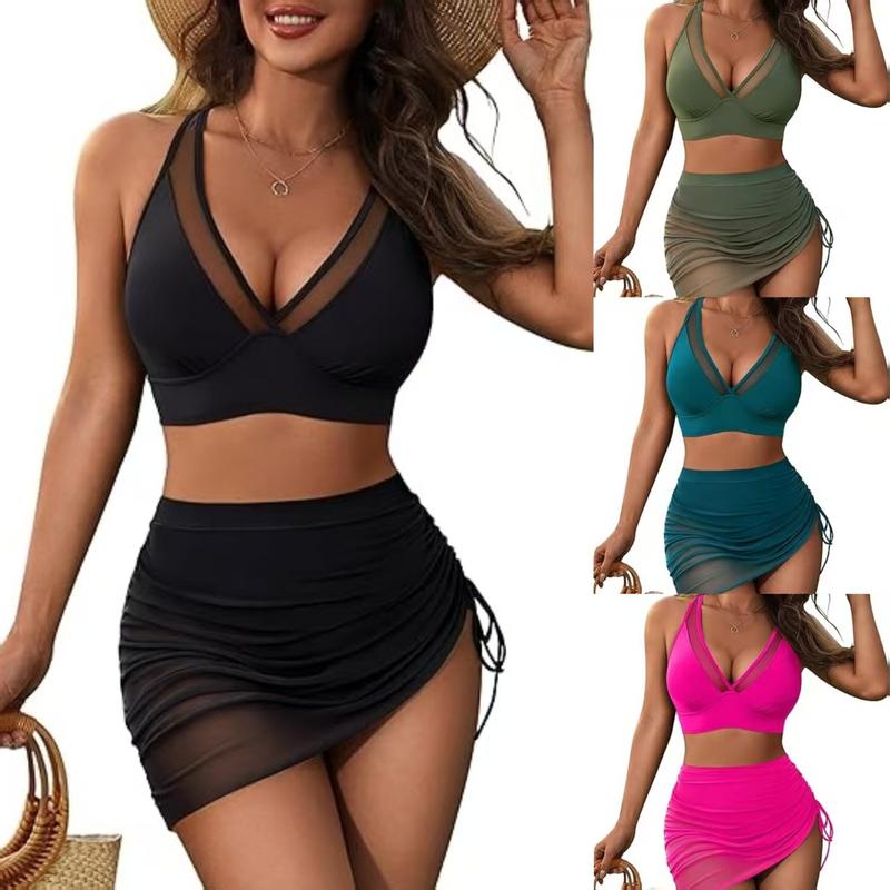 Product Introduction of Women's Solid Sheer Contrast Mesh Bikini Sets, Halter Neck Bikini Top & High Waist Knicker, Two Piece Set Medbikini, Brazilian Swimwear Set Outfits 0