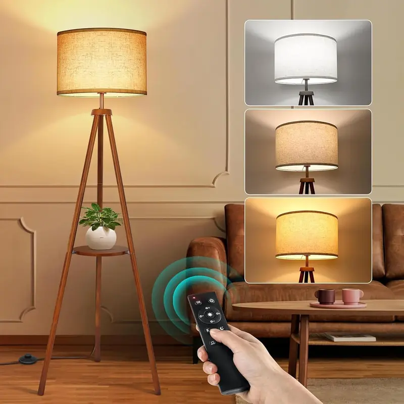Solid Wooden Tripod Floor Lamp, Bulb Included, Standing Lamp with Remote Control, Dimmable & 4 Color Temperatures, 1H Timer, Floor Lamp with Storage Shelf Linen Shade for Living Room Bedroom 0