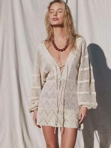 Women's Chevron Pattern Crochet Knitting Long Sleeve Cover Up Dress, Casual Hollow Out Open Front Cover Up Dress for Beach Holiday Vacation, Ladies Clothes for All Seasons