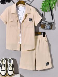 Two-Piece Set Toddler Boy's Solid Short Sleeve Shirt & Shorts, Casual Summer Outfits Clothes for Kids, Kids Clothing for Daily Wear
