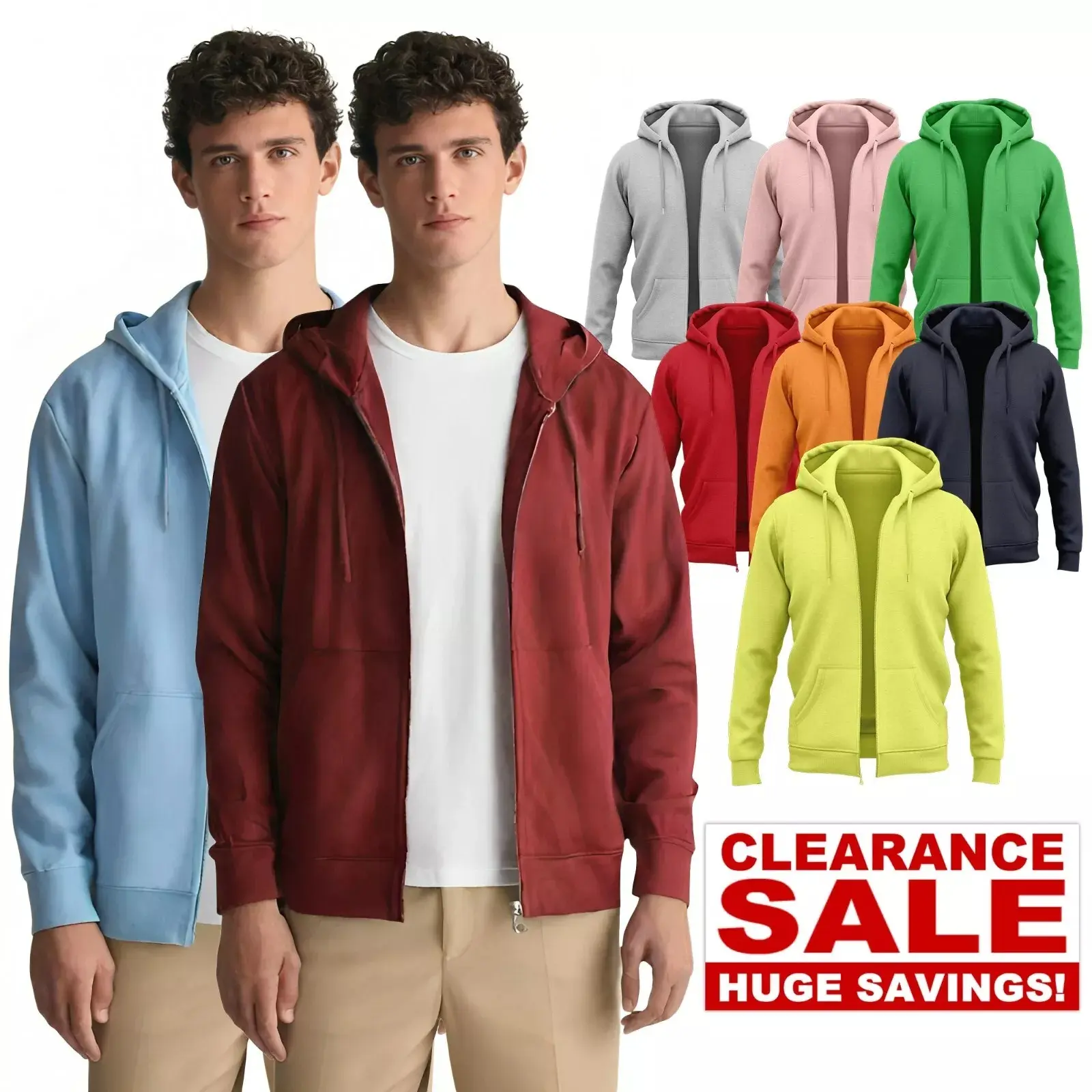 Mens Zip Up Hoodie Fleece Plain Zipper Hooded Sweatshirt Polyester Zipped Jumper S-2XL