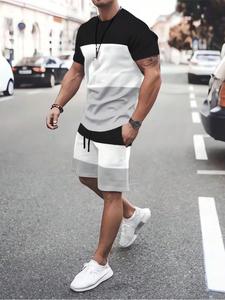 Men's Colorblock Short Sleeve Tee & Drawstring Waist Shorts Two-Piece Set, Casual Round Neck T-shirt & Shorts, Summer Outfits Clothes Set for Men