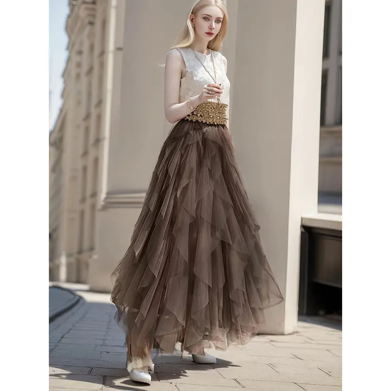 Elastic Waist Mesh Layered Tutu Skirt, Casual Solid Color Tiered Skirt for Women 5