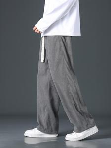 Men's Loose Pocket Drawstring Waist Straight Leg Pants, Casual Comfy Corduroy Trousers for Fall & Winter, Men Bottoms for Summer Daily Wear