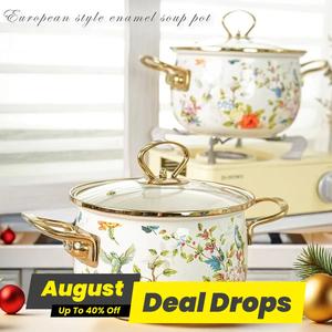 Flower Pattern Stockpot with Lid, 1 Count Double Ear Ceramic Soup Pot with Handle, Large Capacity Cooking Pot for Home Kitchen, Kitchen Cooking Cookware, Enameled Cast Iron