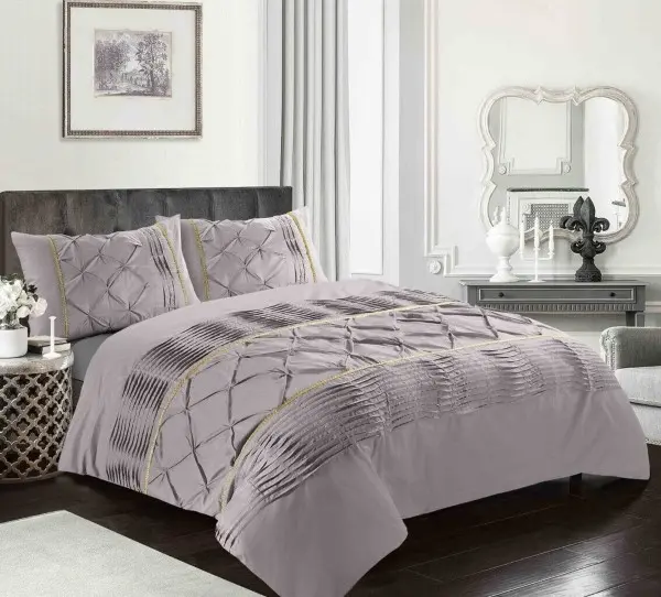Luxury Antoinette Damask Floral Duvet Cover Set – Reversible Polycotton Quilt Cover for Double and King Size Beds, Eleanor Pintuck Stripes Design, Soft 200 Thread Count, Easy Care Summer Bedroom Décor, Buttons Closure, Includes Duvet and Pillow Cases 6