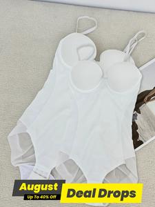 Women's Solid Color Contrast Mesh Sheer Cami Shapewear Bodysuit, Chic Fit Smooth Adjustable Strap Tummy Control Shaper, Waist Trainer, Women's Breathable Shapewear for All Seasons, White Lady Spaghetti Strap Shapewear, Womenswear, Summer Wear