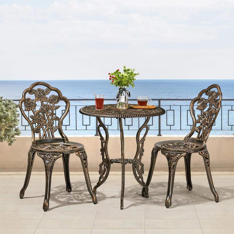 3-Piece Patio Bistro Set, Outdoor AluminumTable and Chairs, Garden Dinging Furniture, Rose Design for Balcony, Porch, Lawn, Pool, Bronze 1