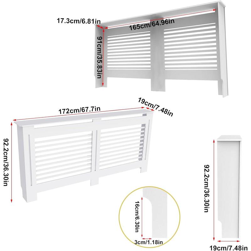 NEW Radiator Cover Wood Cabinet: External 92cm Height White Extra Large Heater Covers Inner Heights 90cm Horizontal Slats Modern Tall Radiator Shelf Thicken MDF Wooden Kitchen Bedroom 1