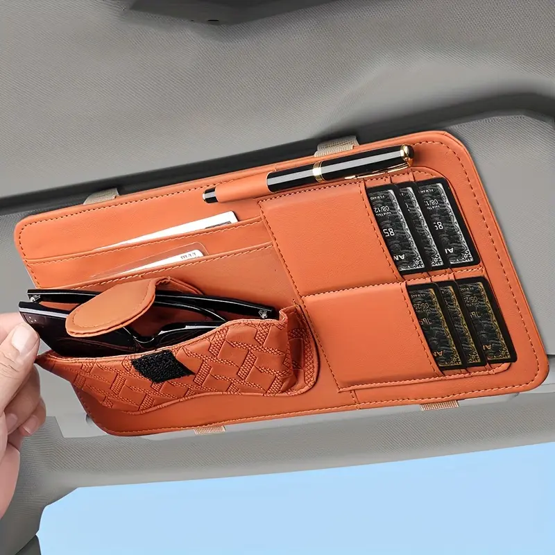 1pc PU Leather Universal Fit Car Sun Visor Multi-Pocket Caddy with Glasses Clip, Pen Holder, and Credit Card Slots 2