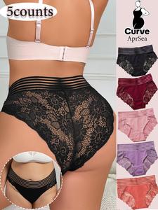 【Plus Size】 Plain Contrast Lace Knicker, Women's Plus Size Basic Natural Waist Panties Set, Plus Lady Breathable Soft Underwear for All Seasons, Soft Comfy Lacy Panties, Fashion Breathable Underwear