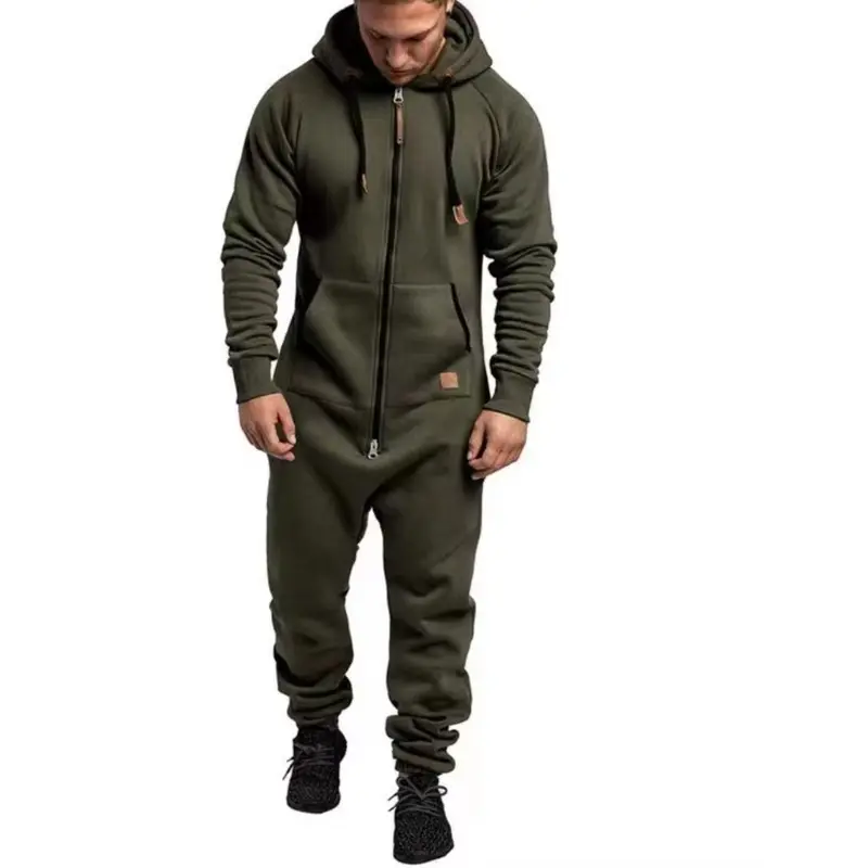 New foreign trade men's hooded fleece jumpsuit solid color casual men's suit jumpsuit 8