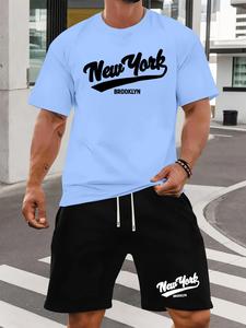 Men's New York Print Short Sleeve Tee & Shorts Set, Regular Fit Casual Round Neck T-shirt & Track Shorts, Summer Clothes Set for Men