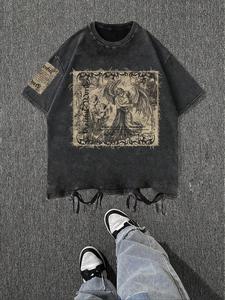 Men's Angel Print Short Sleeve Tee, Regular Fit Casual Comfy Round Neck T-shirt for Summer, Men's Top for Daily Wear, Tropical, Cotton