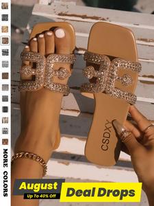 Women's Fashionable Brown Color Rhinestone Decorated Slide Sandals, Casual Comfortable Flat Bohemian Sandals for Beach, Home, and Everyday Wear, Summer Footwear, Dressy Summer Sandals