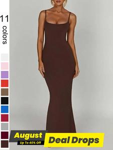 Women's Plain Backless Spaghetti Strap Cami Formal Dress, Summer Clothes, Lady Solid Slim Long Classy Modest Dress, Homecoming Dresses for Women, Basic Sleeveless Womenswear, Evening Party Dresses