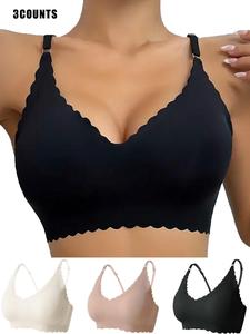 Women's Minimalist Solid Scallop Trim Wireless Push Up Bra, Soft Comfy Breathable Lingerie Top for Daily Wear, Women's Underwear for All Seasons