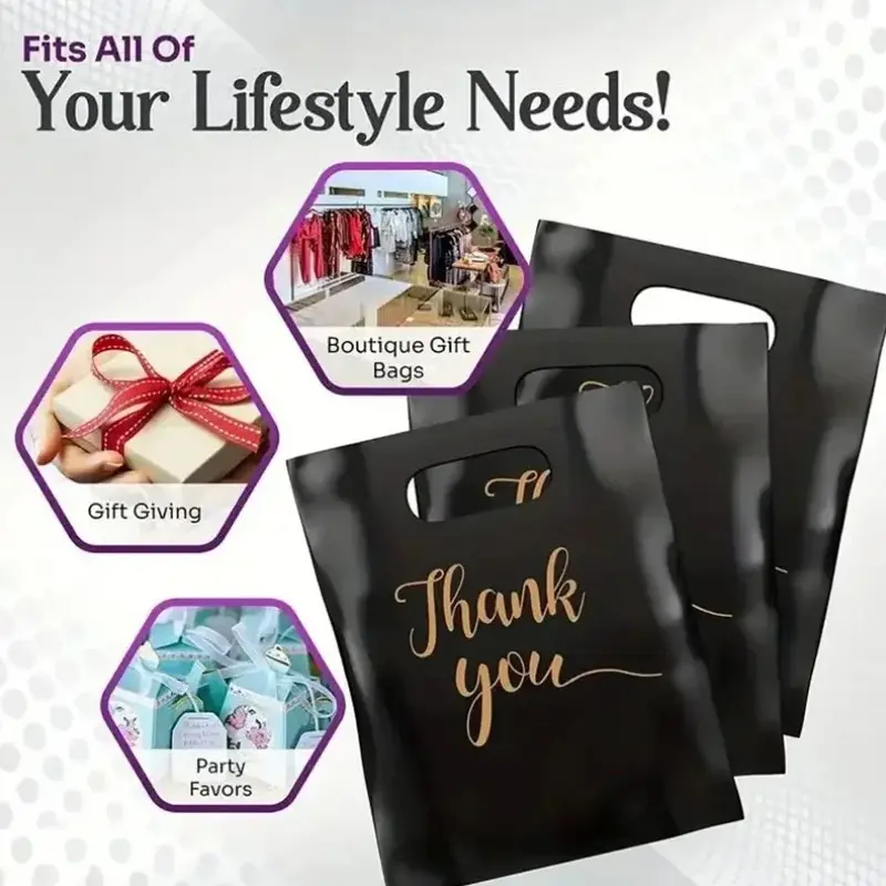 100pcs Durable Black Reusable Plastic Shopping Bags - Perfect for Thank You Gifts, Christmas, Parties, Stores & Boutiques 4