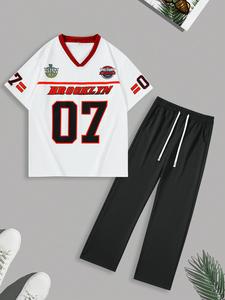 Men's Letter & Number Print Graphic Short Sleeve Tee & Drawstring Waist Pants Two-Piece Set, Loose Casual V Neck T-shirt & Trousers, Men's Summer Clothes for Daily Wear