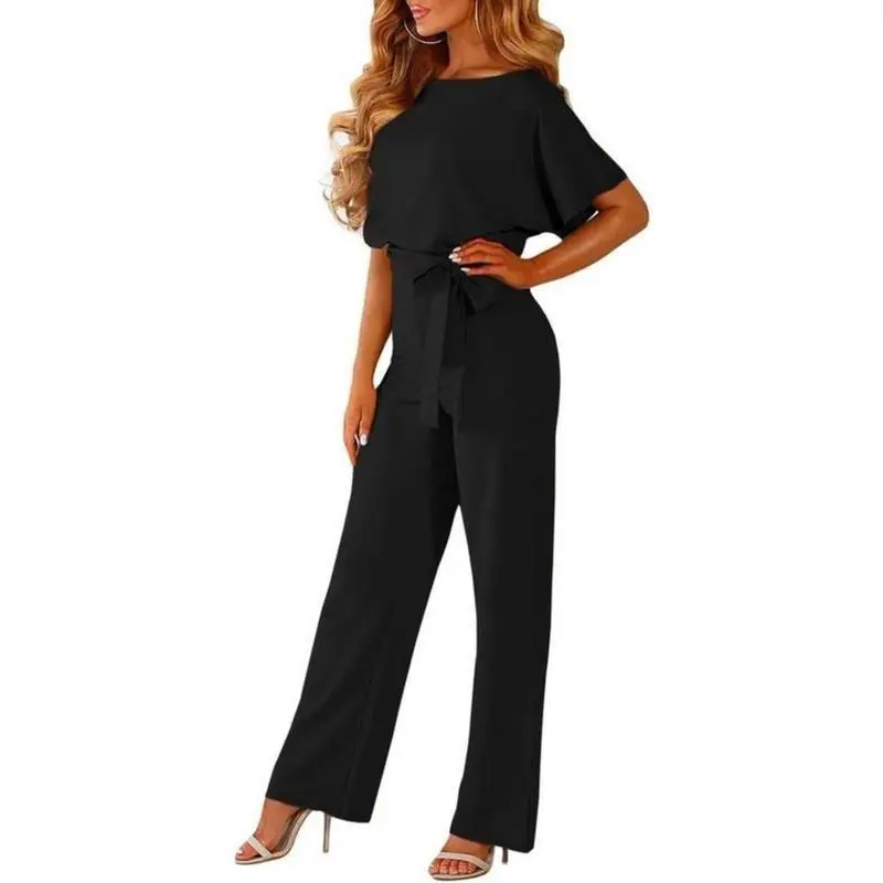 Women's Plain Cut Out Tie Front Batwing Sleeve Jumpsuit, Casual Simple Short Sleeve Straight Leg Jumpsuit for Summer, Women's Clothing 2024,  Fashion Women's One-piece Clothing for Daily Wear, Summer Clothes, Back To School Outfits Womenswear Overalls 2