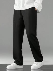 Men's Solid Color Straight Leg Pants, Loose Casual Comfy Trousers for Summer, Woven Bottoms for Men, Beige