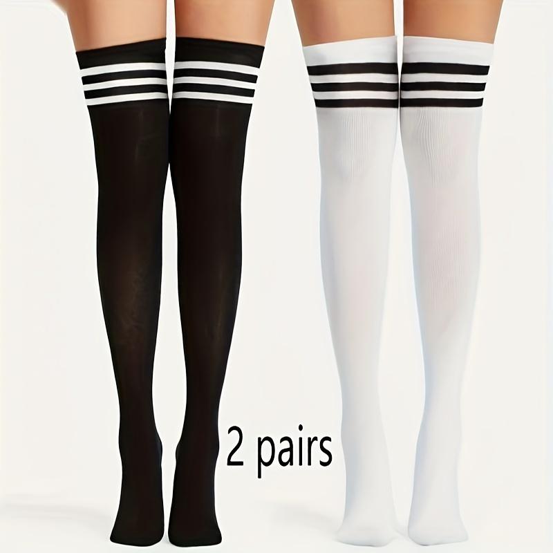 [Pair of Classic Knee-High Socks] A Pair of Classic Black And White Knee-High Socks with Three Stripes, Stylish And Versatile. 0