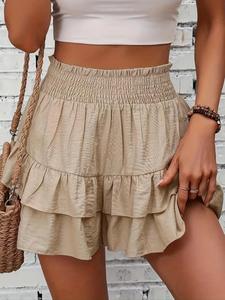 Women's Frill Trim Ruffle Hem Shirred High Waist Shorts, Boho Casual Tiered Layer Shorts for Spring & Summer, Ladies Bottoms for Daily Wear, Womenswear, Rara Skirts