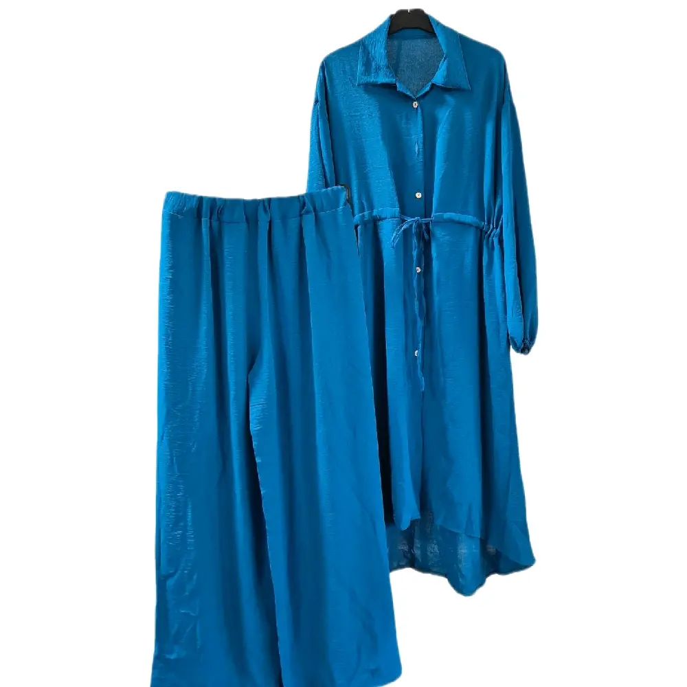 SARA Flowy Two-Piece Button Shirt & Wide-Leg Trouser Set – Lightweight 100% Polyester, Adjustable Waist, Modest Style Outfit Collared Comfort