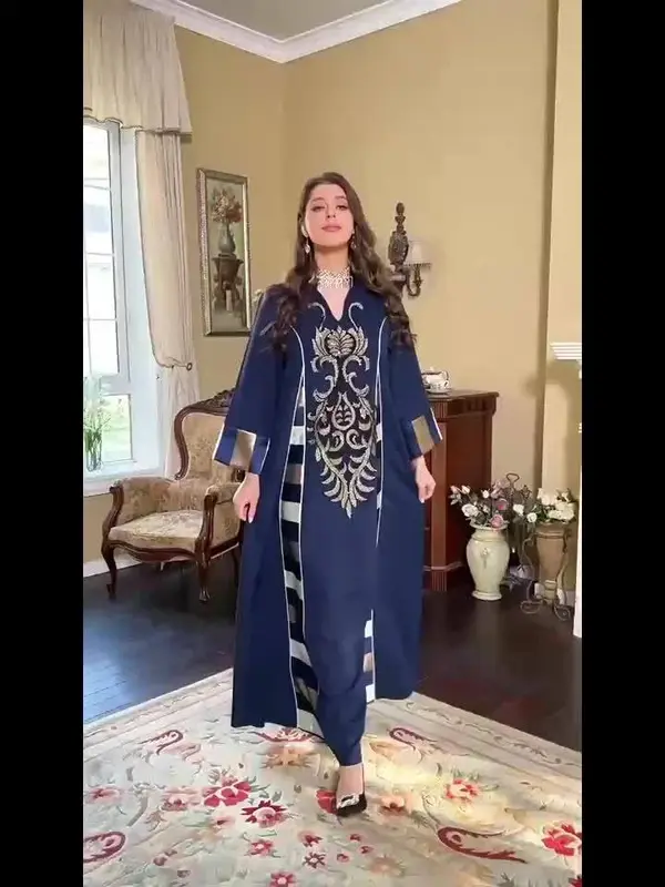Ramadan-Muslim Elegant V-Neck Embroidered Stripe Kaftan Dress - Modest Long Sleeve Maxi for Women, Polyester, Machine Washable 5