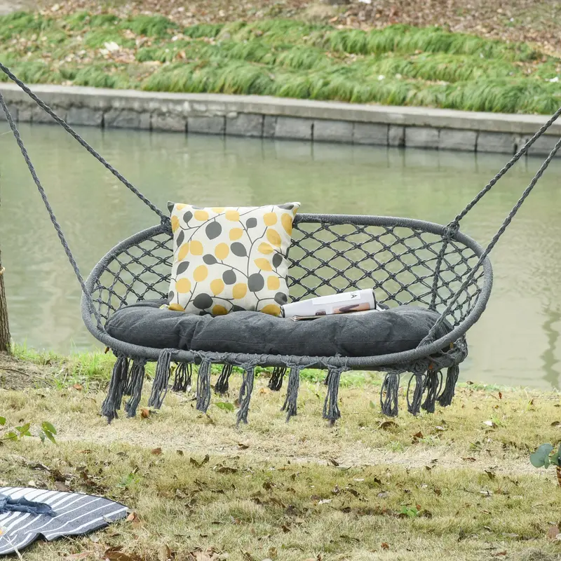 Outsunny Two-Seater Boho Macrame Hammock Swing - Grey 1