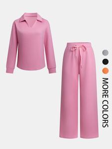 Women's Solid Color Top & Wide Leg Pants Two-piece Set, Casual Fashion Cozy Breathable Two Piece Outfits for Daily Wear, Ladies Clothing for All Seasons