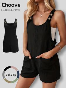 Women's Plain Button Pocket Tank Romper without Tube Top, Casual Scoop Neck Sleeveless Romper for Summer, Fashion Women's Clothes for Daily Wear