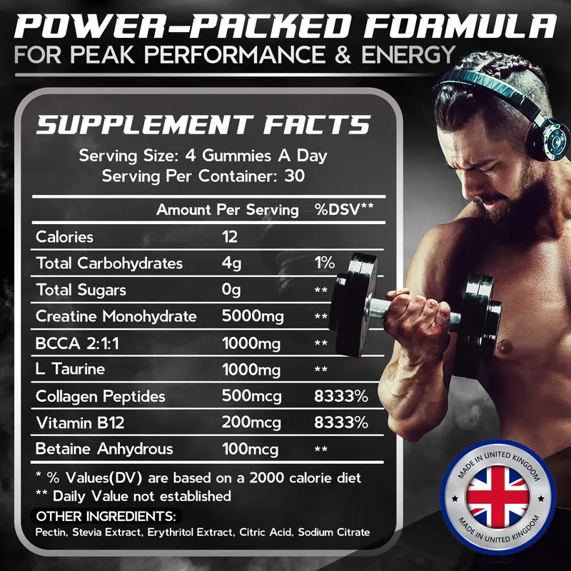 Creatine Gummies 5000mg 120 Gummies | Added L-Taurine, BCAA's, Collagen, B12 | Muscle, Strength & Recovery | Mixed Berry Flavour (1 Month Supply) 5