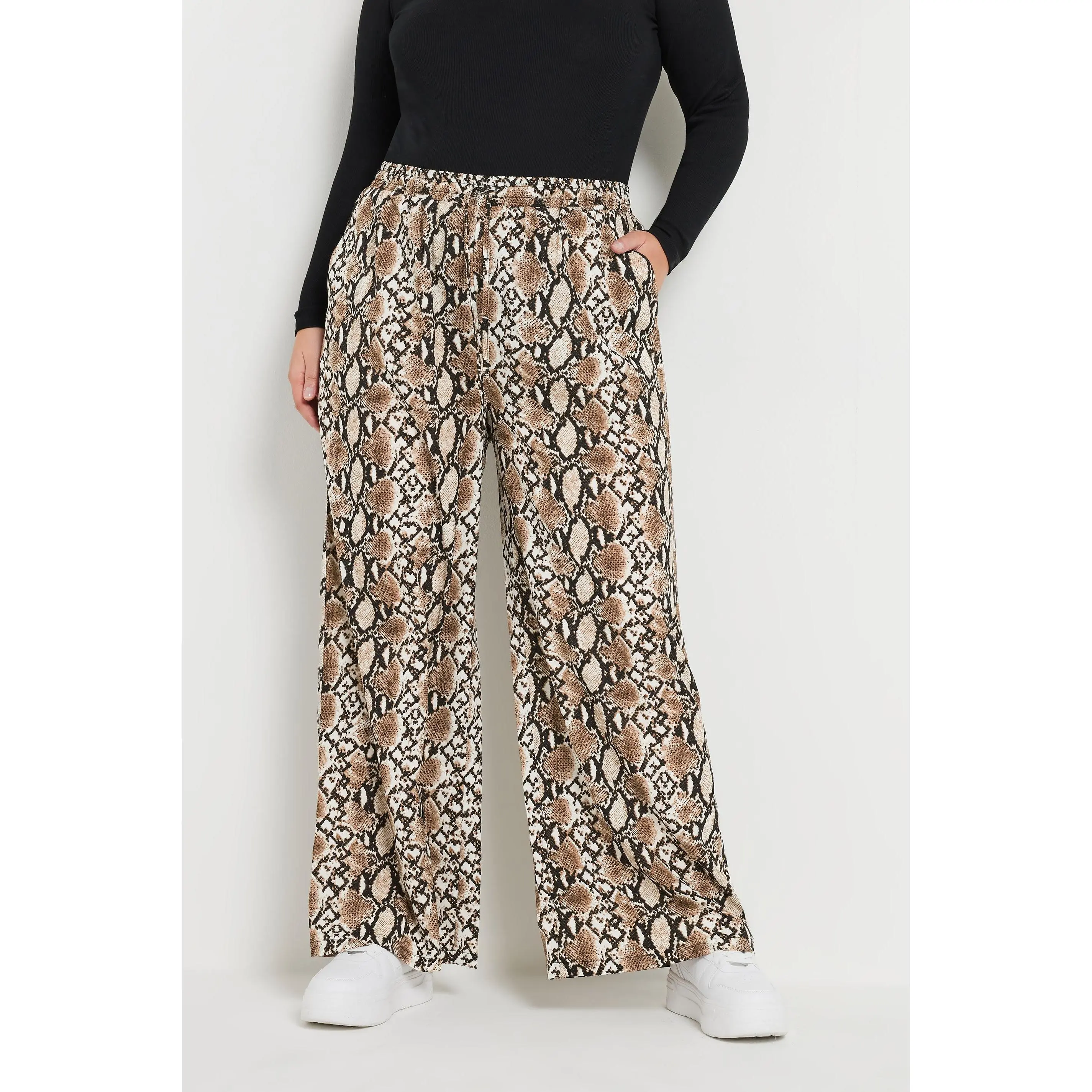 YOURS Curve Brown Snake Print Wide Leg Trousers