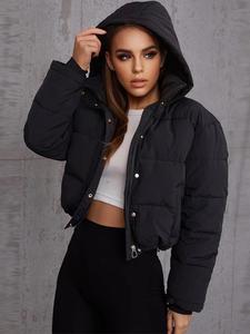 Women's Solid Long Sleeve Collared Short Winter Puffer Coat, Zipper Button Front Drawstring Pocket Thermal Outerwear for Fall & Winter, Winter Clothes Women, Women's Clothing Winter Sets Canada Black Coat