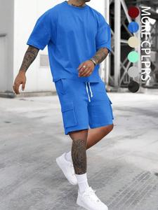 Two-Piece Set Men's Solid Drop Shoulder Tee & Flap Pocket Shorts, Regular Fit Casual Fashion Cozy Breathable Short Sleeve T-shirt & Shorts for Daily Outdoor Wear, Men's Clothing for Summer, Menswear