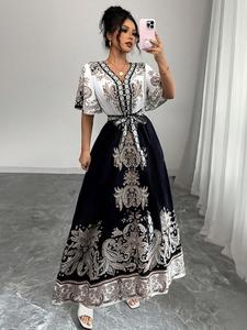 Women's Floral Print Tie Waist  Dress, Elegant V Neck Short Sleeve Dress for Summer, Women's Clothing for Daily Wear