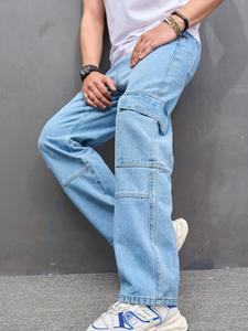 Men's Solid Flap Pocket Cargo Jeans, Loose Casual Denim Pants for Daily Wear, Fashion Men's Bottoms for All Seasons, Cotton, Menswear
