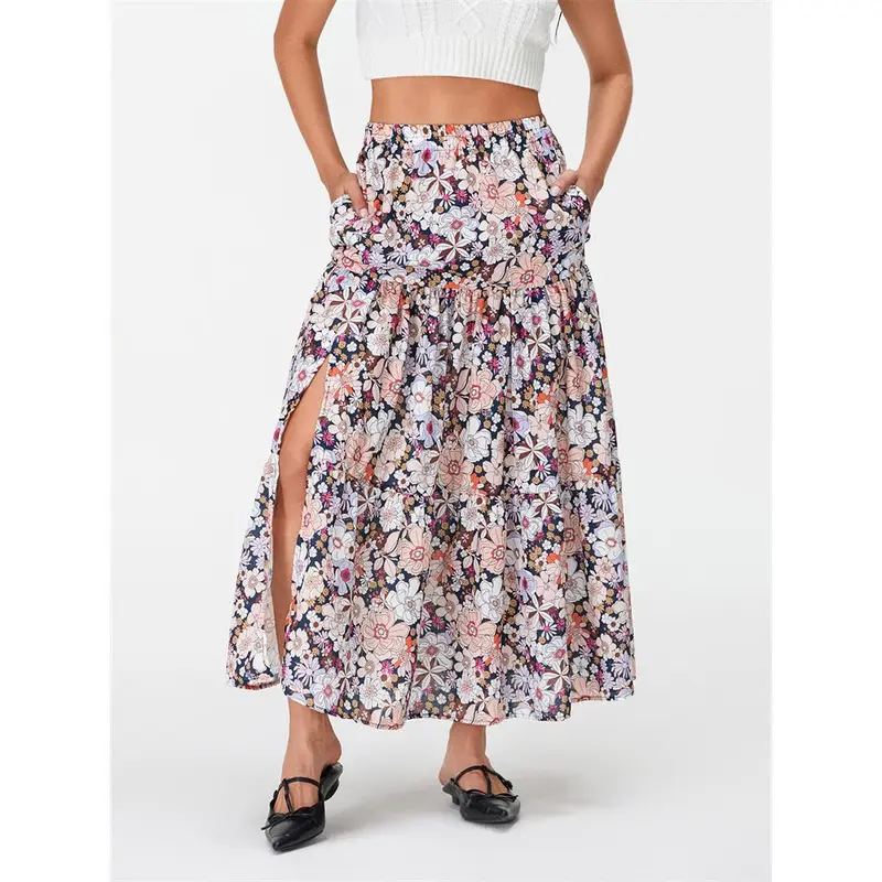 Women Floral Long Skirts High Waist Flowy Slit Skirt Summer Bohemian Skirt for Casual Daily Holiday 4