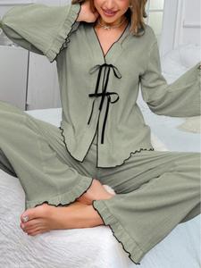 Women's Solid Loungewear Set, Casual Comfy Long Sleeve Top & Pants PJ Set, Ladies Sleepwear for All Seasons