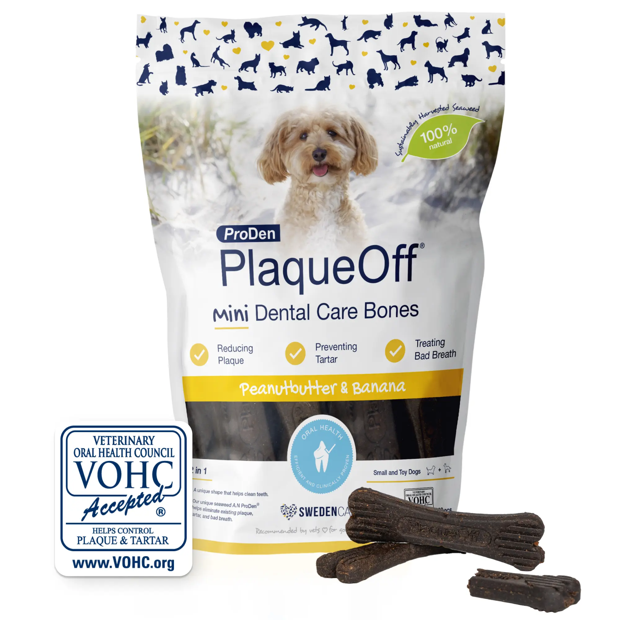 ProDen PlaqueOff 20 Mini Dental Bones for Small & Toy Dogs (Peanut Butter & Banana) – Clinically Proven by the VOHC to Reduce Tartar, Plaque, and Bad Breath.