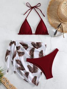 Three-piece Set Women's Halter Neck Bikini Set for Summer, Triangle Wireless Bikini Top & Swim Panty & Feather Print Cover Up Skirt, Ladies Bathing Suits for Spring Summer, Bathing Suit Cover Up Set, Swimsuit Set