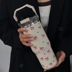 Butterfly & Heart Pattern Vacuum Flask, Large Capacity Travel Insulated Water Bottle with Straw & Handle, Summer Cool Bottle Drinking Cup for Home Office School Outdoor, Portable Stainless Steel Insulated Drinkware, Thermal Flask, Insulated Cups, Tumbler