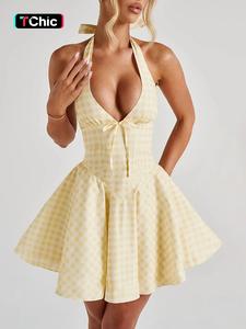 Women's Plaid Print Halter Neck   Dress, Casual Sleeveless Short Dress for Summer, Ladies Clothes for Beach Holiday